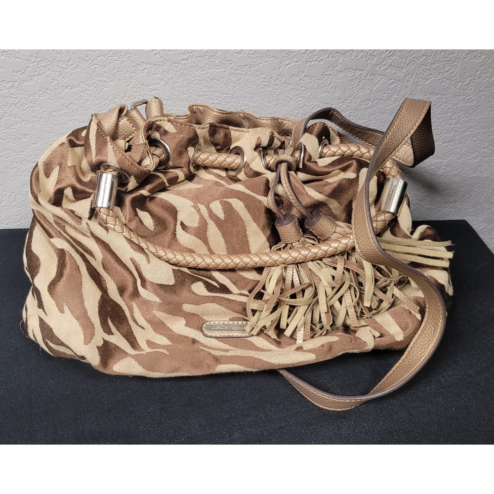 Dana Buchman Brown and Bronze Zebra Print Hobo Bag Braided Straps Tassel Fringe